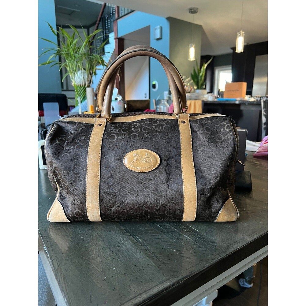Authentic CELINE C Horse Carriage Hand Boston Bag Canvas Leather Brown
